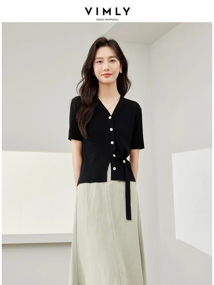 Vimly Black V-neck Knitted Short Sleeve Cardigan Wool Blend Simple Knit Tops 2024 Spring Woman High Strecth Solid Knitwear 72895
Vimly Black V-neck Knitted Short Sleeve Cardigan Wool Blend Simple Knit Tops 2024 Spring Woman High Strecth Solid Knitwear 72895