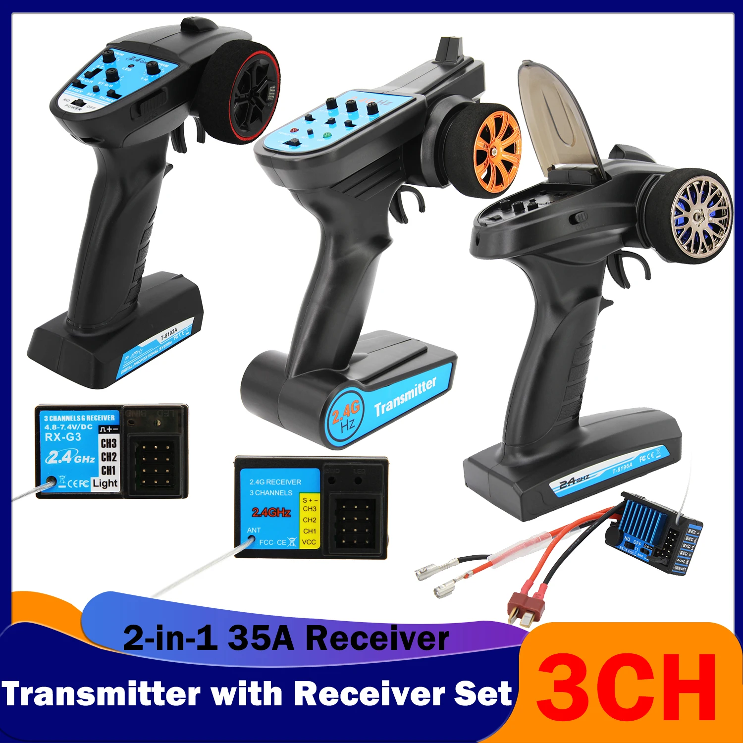 

3CH Digital Transmitter 2.4G Radio Systems Three-channel Receiver Remote Controller 2-in-1 35A Set for RC Car Tank Boat Model