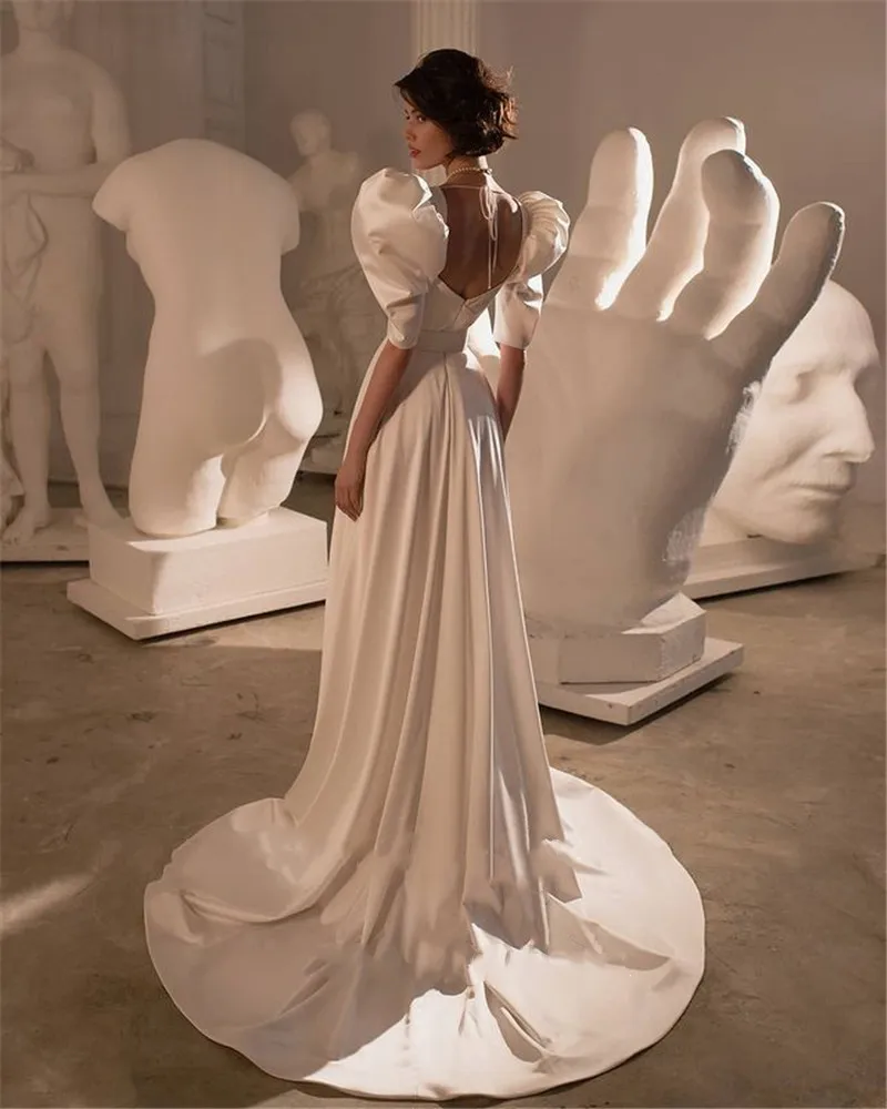 Vintage Stain Wedding Dresses Square Collar Puff Sleeves Sashes A Line Sweep Train Elegant Bridal Gown Vestidos de Novia
Vintage Stain Wedding Dresses Square Collar Puff Sleeves Sashes A Line Sweep Train Elegant Bridal Gown Vestidos de Novia