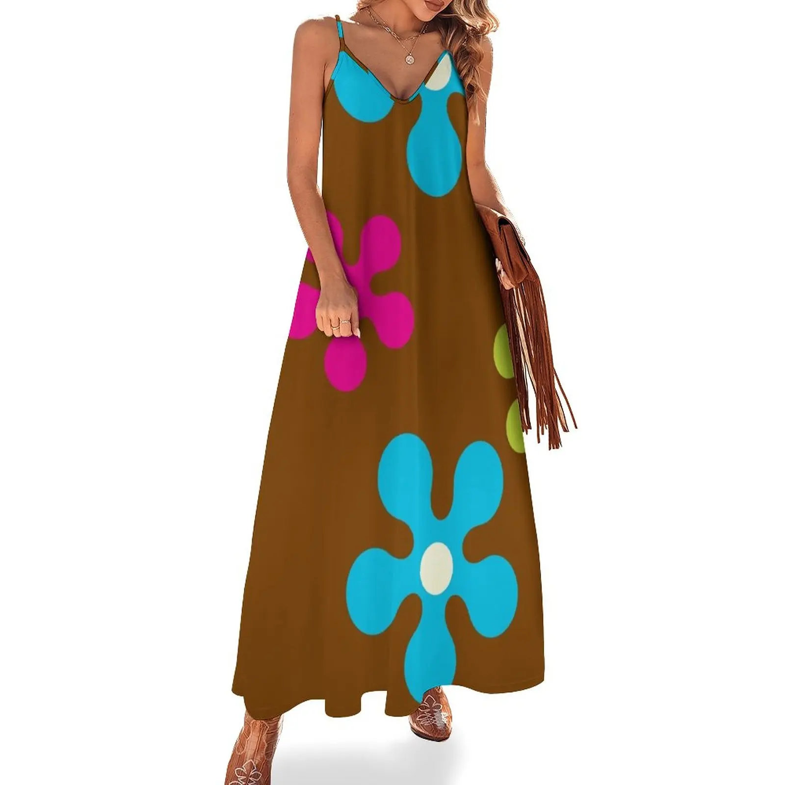 

New 60s Retro Sixties Vintage Hippie Groovy Flowers Brown Chocolate Sleeveless Dress summer dresses women 2023