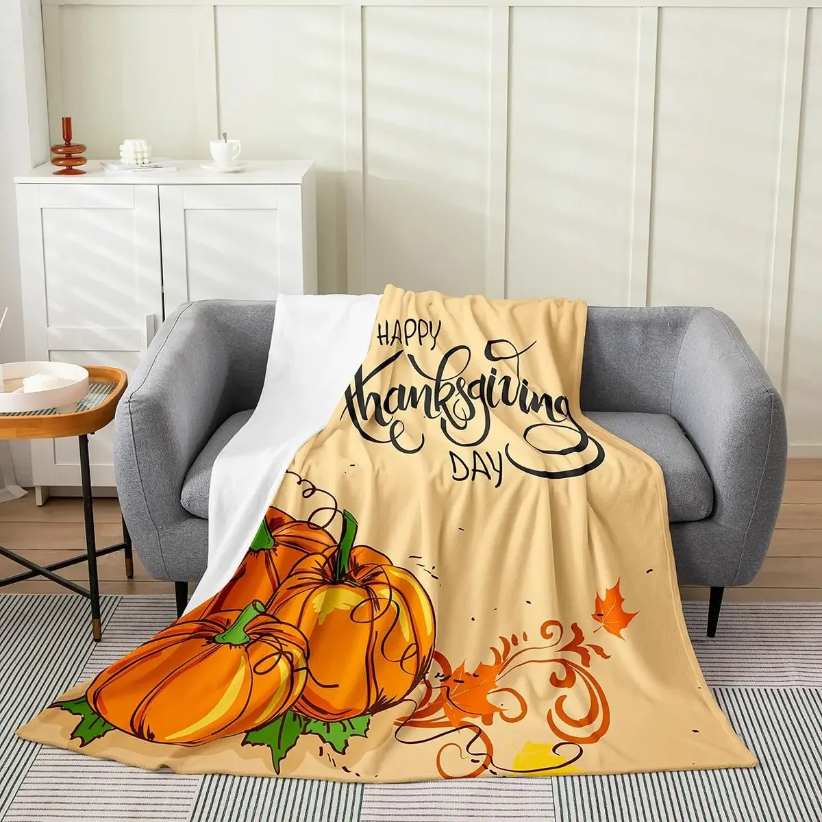 

Happy Thanksgiving Flannel Blanket for Boys Girls Autumn Harvest Pumpkin Bed Blanket Soft Rustic Fall Maple Leaves Throw Blanket