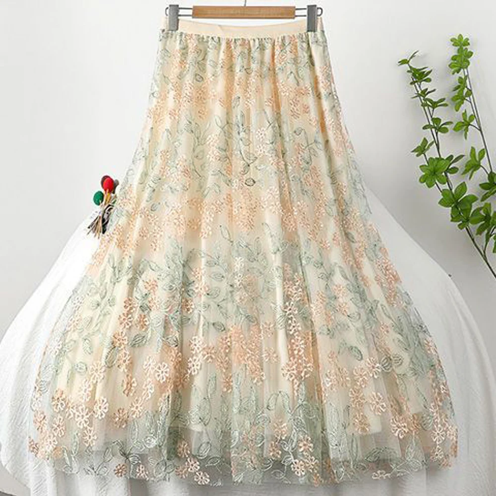 Fashion Women Skirt Elegant Mid Elastic High Waist Mesh Skirt Floral Embroidery Big Swing Pleated Fresh Sweet Girls Clothes
Fashion Women Skirt Elegant Mid Elastic High Waist Mesh Skirt Floral Embroidery Big Swing Pleated Fresh Sweet Girls Clothes