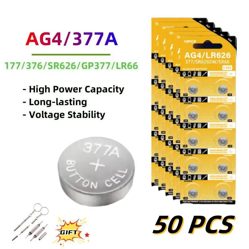 

50PCS AG4 Coin Cell LR626 377 Button Alkaline Battery 1.55V SR626SW 377A LR66 for Watches Toys No Mercury