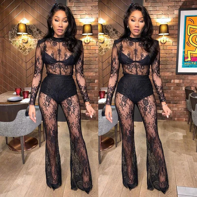 

Woman Long Sleeve Mesh Jumpsuit Lace See Through O Neck Zipper Bodysuit S-2XL K9801