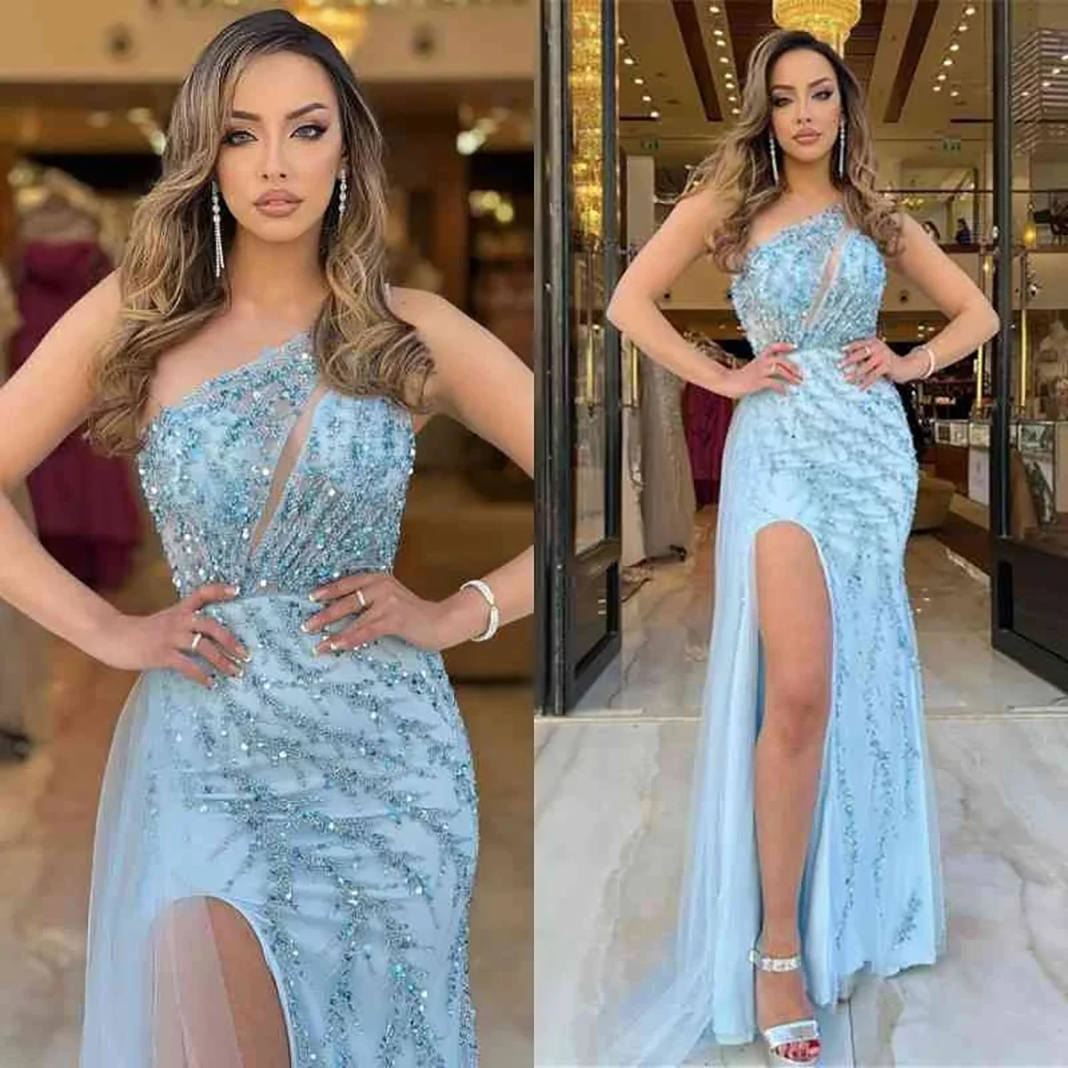 

Arabic A Line Evening Dresses Blue Tulle Beading Applique Sequins Prom Gowns Sleeveless Side Split Vestidos De Noche Sweep Train