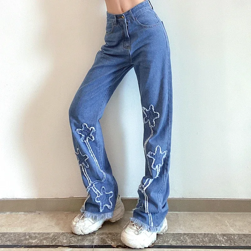 

Raw Edge Washed Star Patch Oversized Flared Jeans Women Y2k Fashion Street Clothing Retro High Waist Baggy Denim Trousers