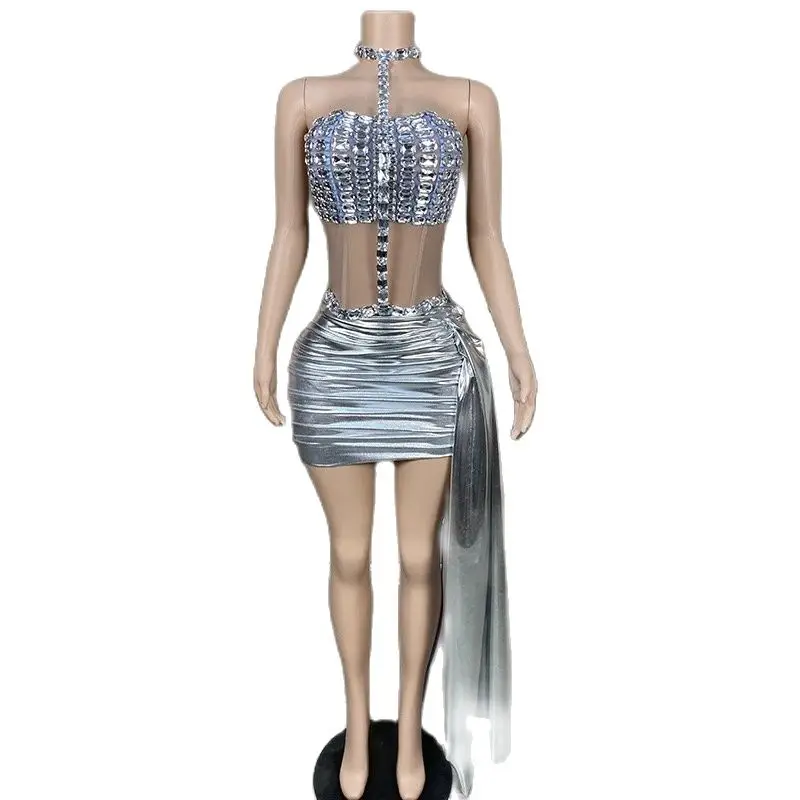 

Sexy Perspective Shiny Rhinestone Dresses Shiny Silver Rhinestones Dress Women Gogo Costume Bar Nightclub Dj Ds Rave Outfit