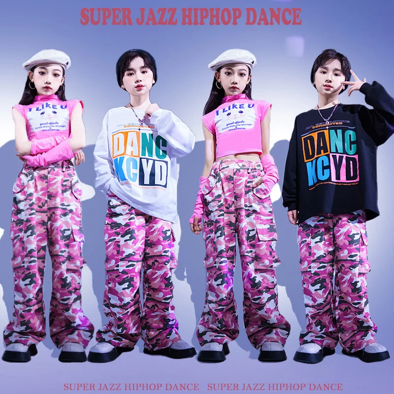 

Одежда в стиле K-POP для девочек и мальчиков, укороченные майки, свитшот, розовые камуфляжные повседневные широкие брюки-карго для детей, одежда для джазовых танцев