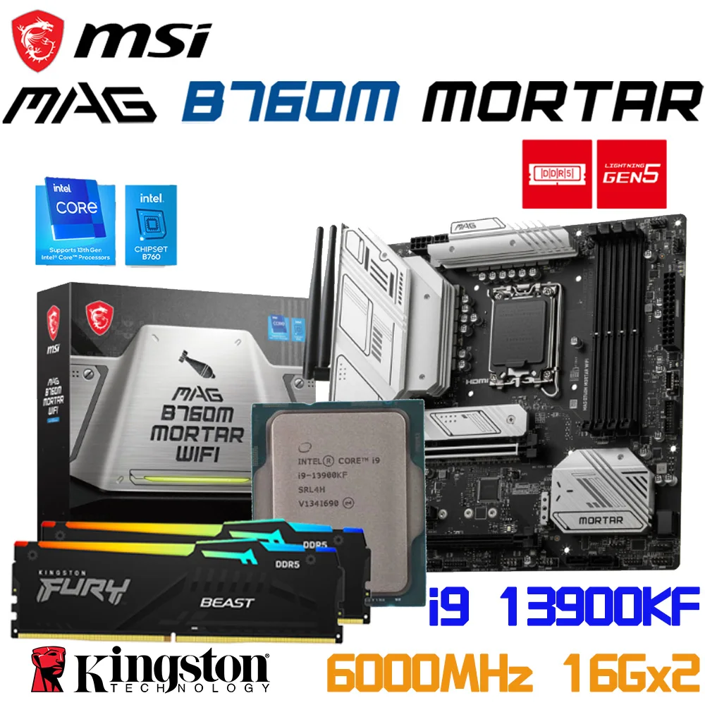 Intel B760 Motherboard Kit MSI MAG B760M MORTAR DDR5 LGA 1700 Mainboard With Intel Core i9 13900KF CPU Kingston 6000MHz 32GB RGB
Intel B760 Motherboard Kit MSI MAG B760M MORTAR DDR5 LGA 1700 Mainboard With Intel Core i9 13900KF CPU Kingston 6000MHz 32GB RGB