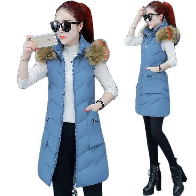 

2022 New Fashion Autumn Winter Down Cotton Vest Coat Women Medium Long Wild Slim Fit Hooded Keep Warm Parka Outcoat Female Tops