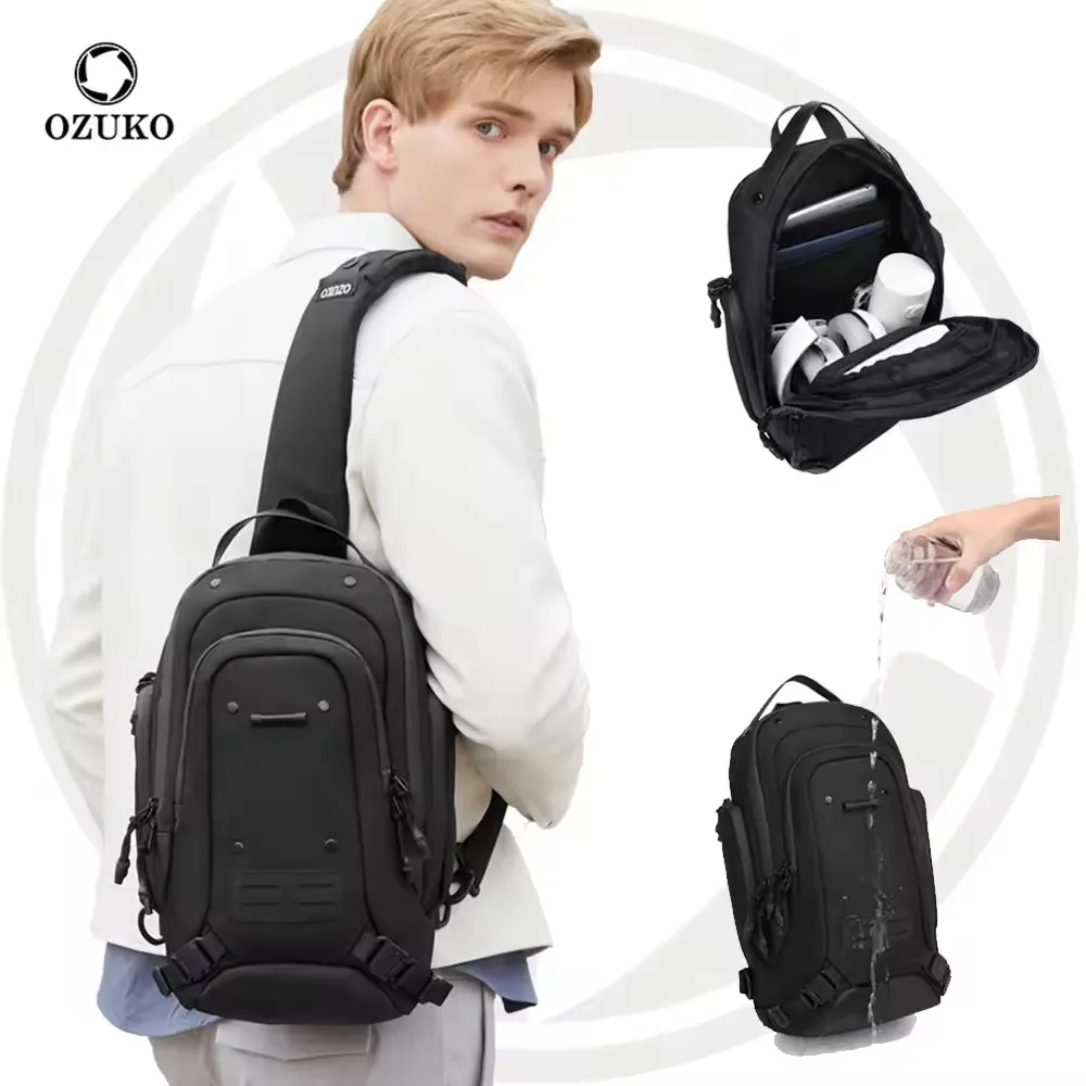 

Ozuko Unique Design Waterproof Casual Sling Bag Men Large Capacity Chest Crossbody Purse Adjustable Strap Leisure Shoulder Bag