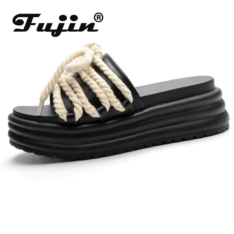 

Fujin 6CM New Genuine Leather Women Sandals Comfy Shoes Fashion Summer Peep Toe Platform Wedge Slip on Ladies Breathable Lace Up