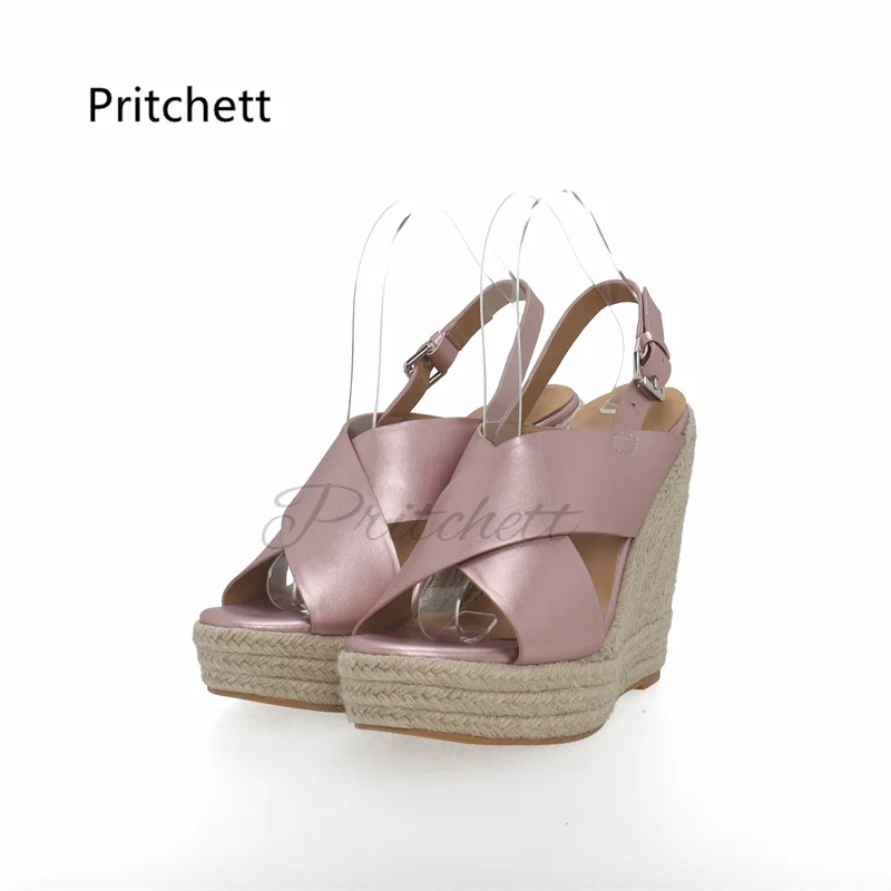 

Pink Espadrilles Wedges Slingback Sandals for Women Cross Strap Summer Shoes Platform Peep Toe Buckle Strap Sweet Casual Sandals