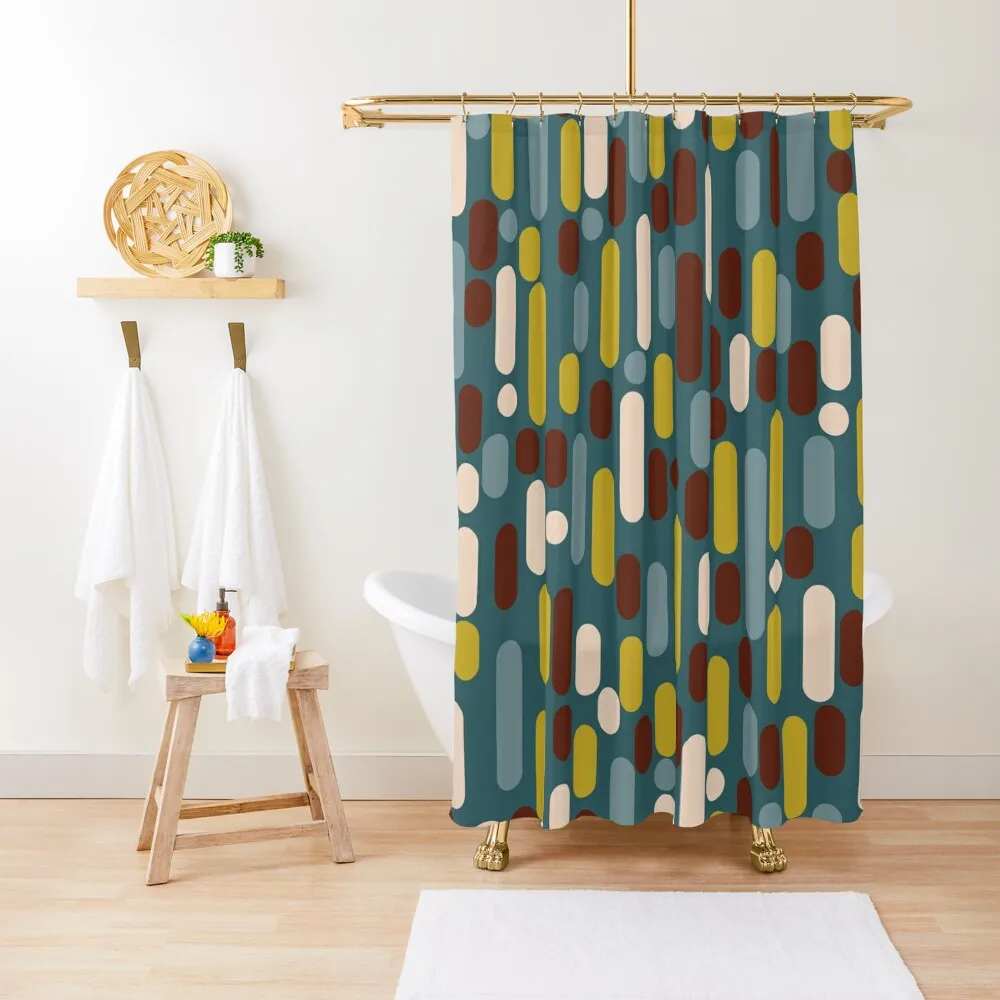 

Mid Century Modern Morningside Heights Abstract Minimal Pattern in Mustard, Maroon, and Steel Blue Teal Shower Curtain