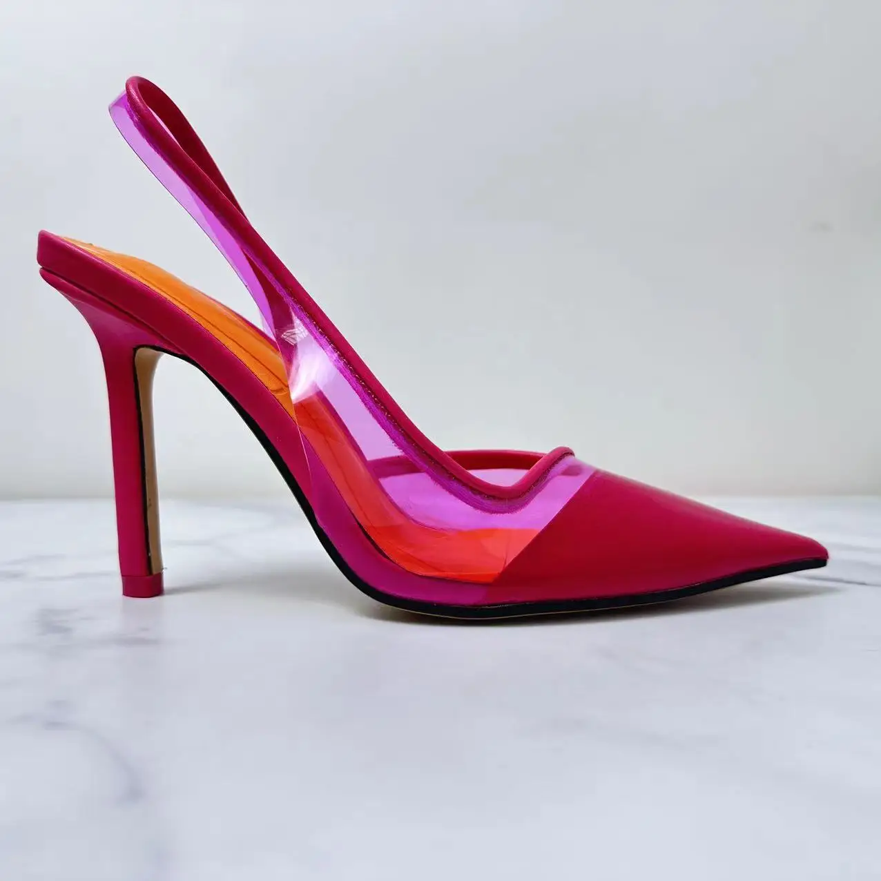 

New 2024 Women's Shoes Fashion Joker Pointed Shallow Baotou Rose Red Plastic High-heeled Sandals