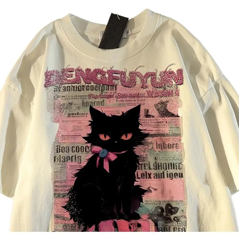 American retro cat print short-sleeved T-shirt for men and women, national trendy loose trendy brand couple half-sleeved tops
American retro cat print short-sleeved T-shirt for men and women, national trendy loose trendy brand couple half-sleeved tops