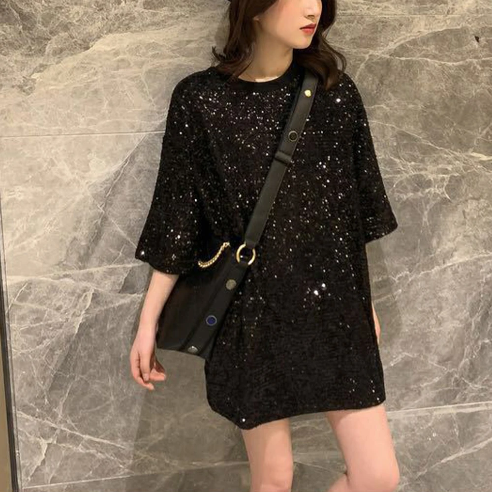 New Top Women's Shinny Sequin Half Sleeve Long Style T-shirt Loose Casual Solid Color Dress Tees T Shirts Woman Female Clothing
New Top Women's Shinny Sequin Half Sleeve Long Style T-shirt Loose Casual Solid Color Dress Tees T Shirts Woman Female Clothing