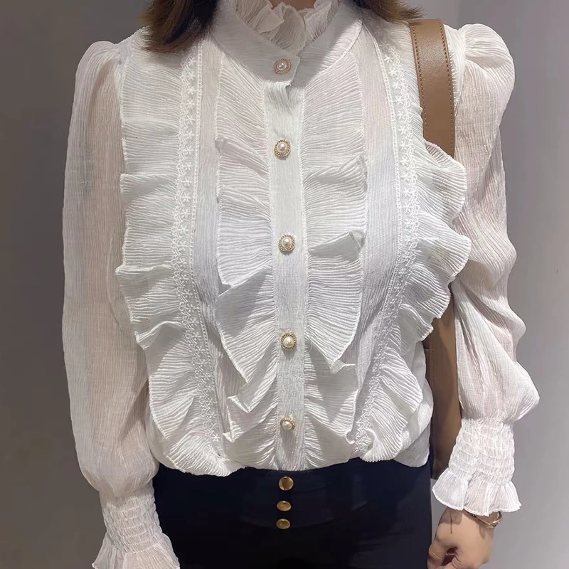 

Женская винтажная блузка с оборками, элегантная белая шифоновая блузка с длинным рукавом и воротником-стойкой в Корейском стиле на весну и осень
