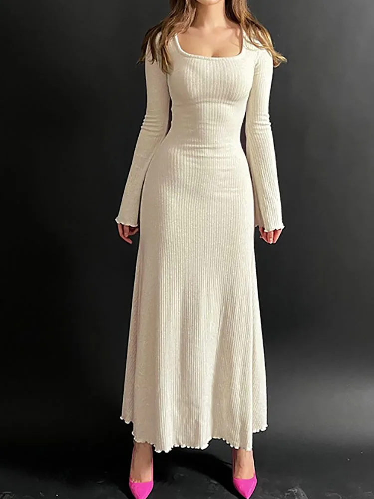 

Bangniweigou Elegant Slim Square Neck A Hem Design Basic Dresses Women Autumn Winter Long Sleeve Maxi Dress Streetwear