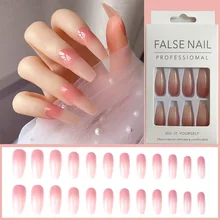 

Glossy Ombre Pink French Ballerina Coffin False Nail Gradient Natural Press on Ballet Fake Nails Tips Reusable Wear