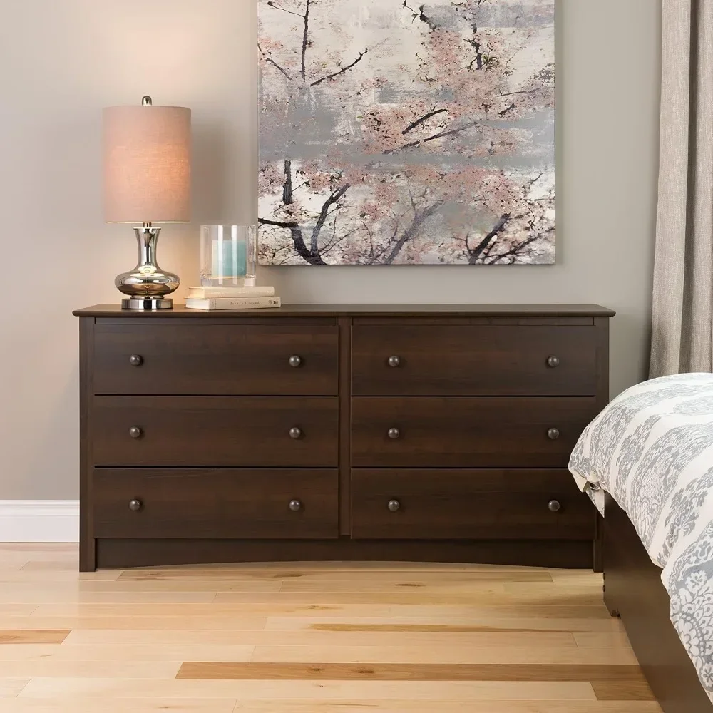 

Espresso Double Dresser Cabinet/ Closet 6-Drawer Wide Chest of Drawers Nightstands 59"W X 16"D X 29"H Freight Free Crack Shelves