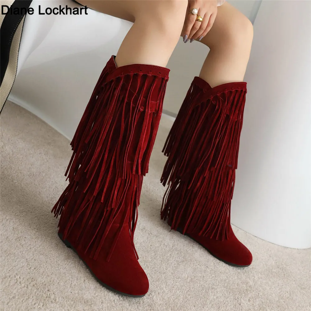 

2023 Fashion Ethnic Woman Bohemian Flock Tassle Hidden Moccasin Mid-Calf Boots Fringe Female Slip On Shoes Autumn Winter New