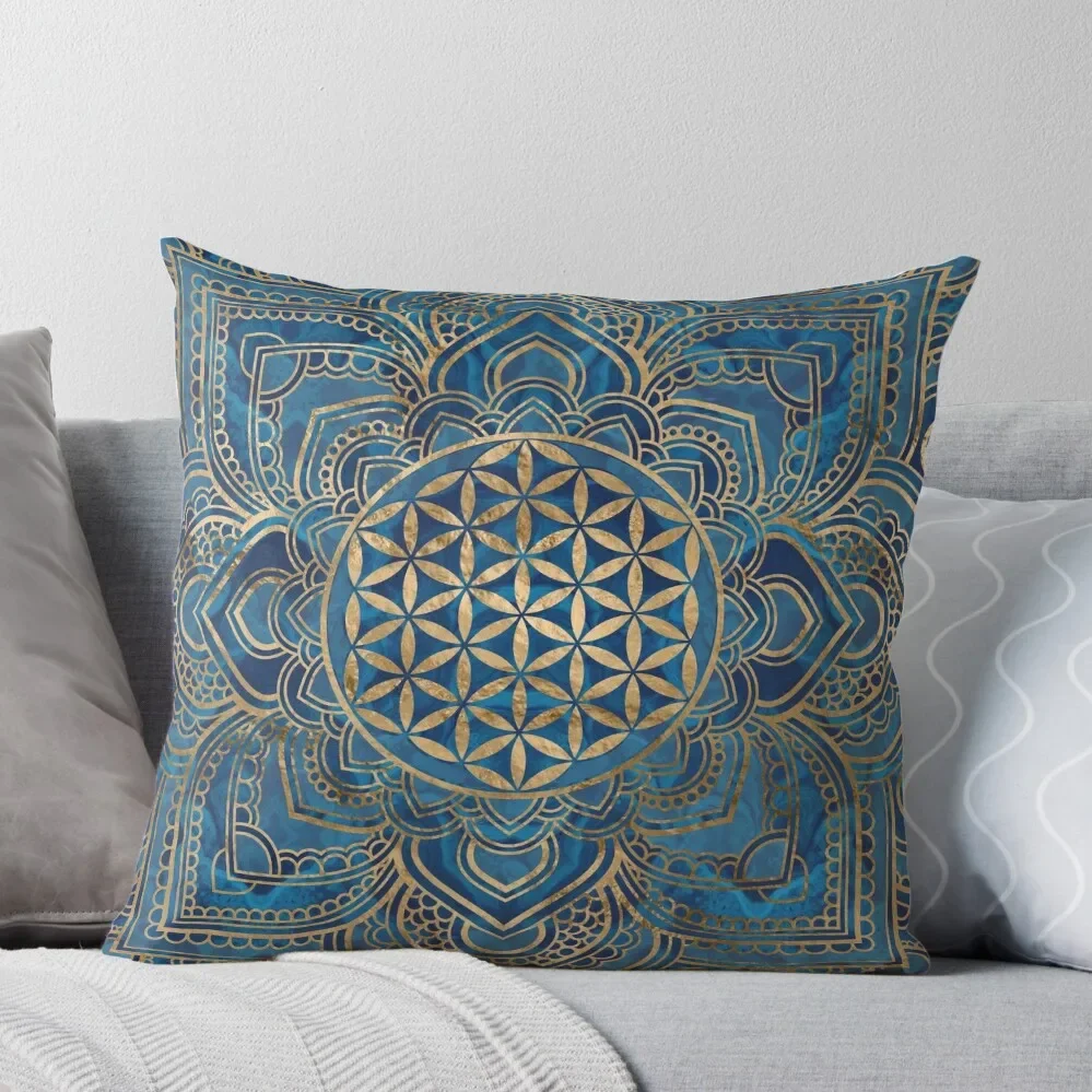 

Flower of Life in Lotus Mandala - Blue Marble and Gold Throw Pillow Christmas Pillow Covers anime girl
