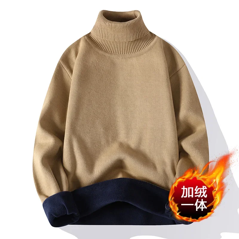 

Men 2024 New Sweater Autumn Winter Knitted Turtleneck Thick Fleece Inside Solid Color Pullovers Men Casual Sweater Pullovers