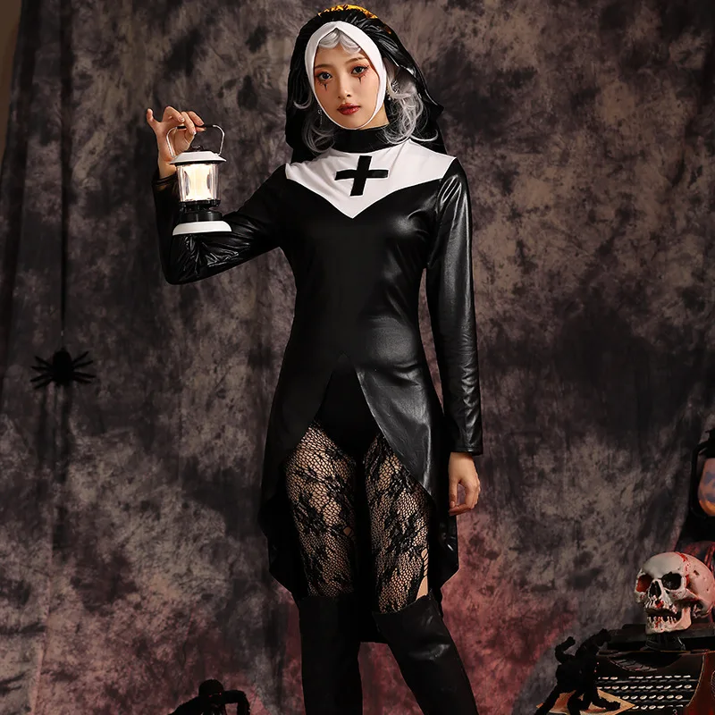 Medieval Renaissance Halloween Women PU Leather Zentai Nun Hat Dress Ghost Missionary Christians Horror Party Cosplay Costumes
Medieval Renaissance Halloween Women PU Leather Zentai Nun Hat Dress Ghost Missionary Christians Horror Party Cosplay Costumes
