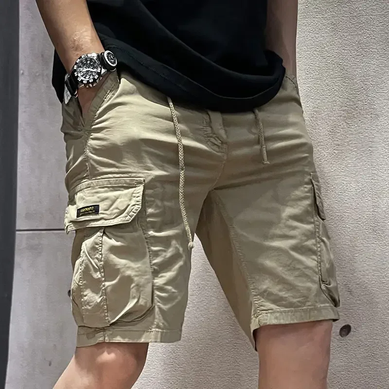 

Half Men's Cargo Shorts with Draw String Solid Khaki Strech Front Pocket Big and Tall Luxury Nylon Wide Male Bermuda Short Pants