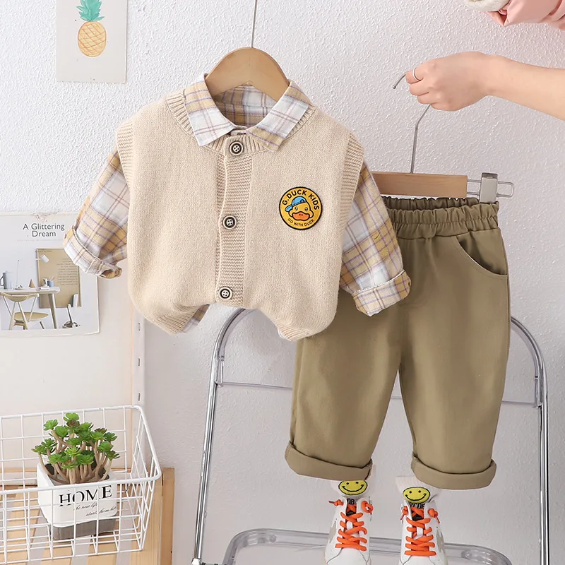 

Kids Baby Boy Boutique Clothes 2024 Spring Solid Color Single Breasted Woolen Vest + Plaid Shirts + Pants Toddler Boys Outfits
