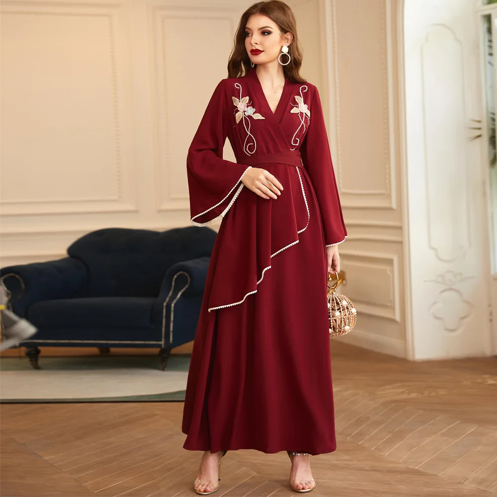 

Women Wine red hair ball pearl diamond embellished long sleeve dress Middle Eastern ethnic abaya Long Dress