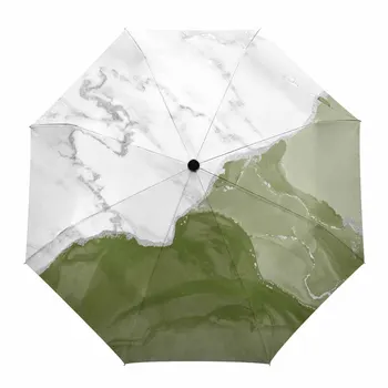흰색 대리석 실버 라인 세이지 그린 자동 우산, 비 접이식 파라솔, 8 가닥 야외 우산