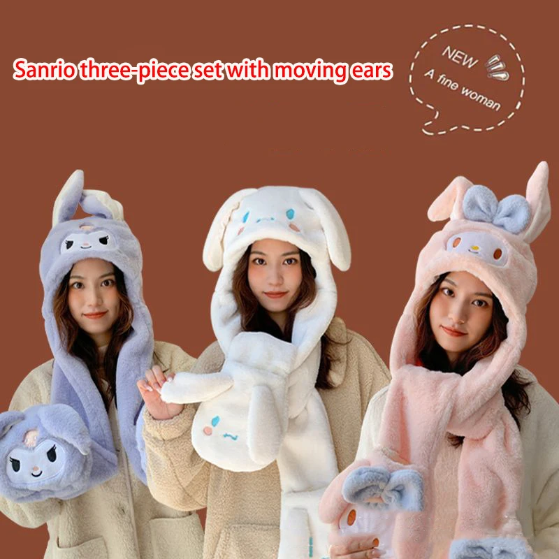 

Creativity The Ears Move Sanrioed Kuromi Scarf My Melody Hat Cinnamoroll Gloves One Body Winter Keep Warm Three Piece Set Gift