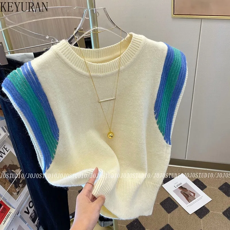 

2023 Autumn New Contrast Striped Knitted Vest Women's O-Neck Pullover Sleeveless Sweater Vest for Women Knitwear Crop Top Jumper