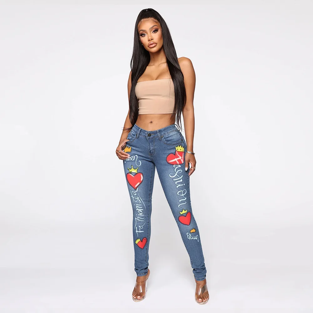 

New Women's Clothing Summer Recommended High Waist Trousers Fashion Temperament Tight-fitting Printed Button Jeans.