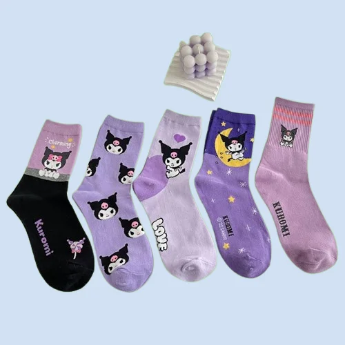 

5 Pairs Cartoon socks ladies purple combed cotton midtube stockings cute little witch stockings