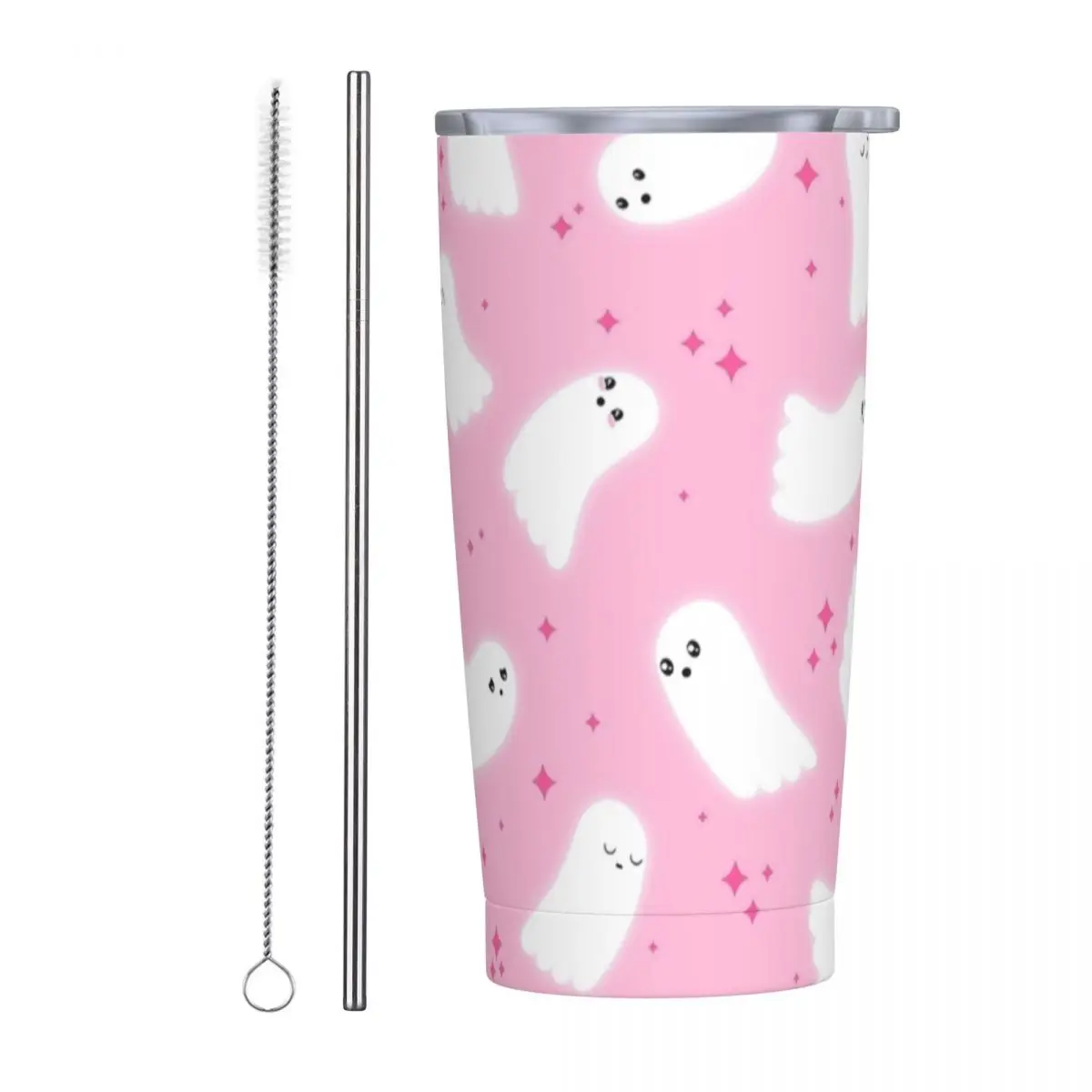 

Pink Ghost Pattern Insulated Tumbler with Straws and Lid Stainless Steel Travel Coffee Mug 20 Oz Double Wall Mugs Cup