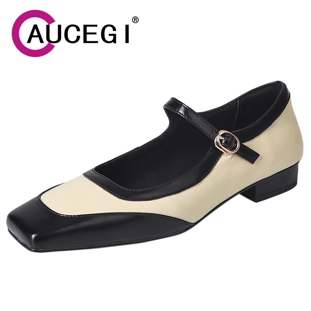 

Aucegi Spring Mixed Color Genuine Leather Pumps Fashion Square Toe Shallow Buckle Strap Low Heel Ladies Elegant Mary Jane Shoes