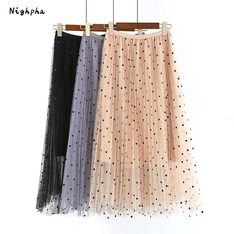 

Nighpha Korean Style Mesh Polka Dot Skirt with Elastic High Waisted Mid Long Pleated Skirt