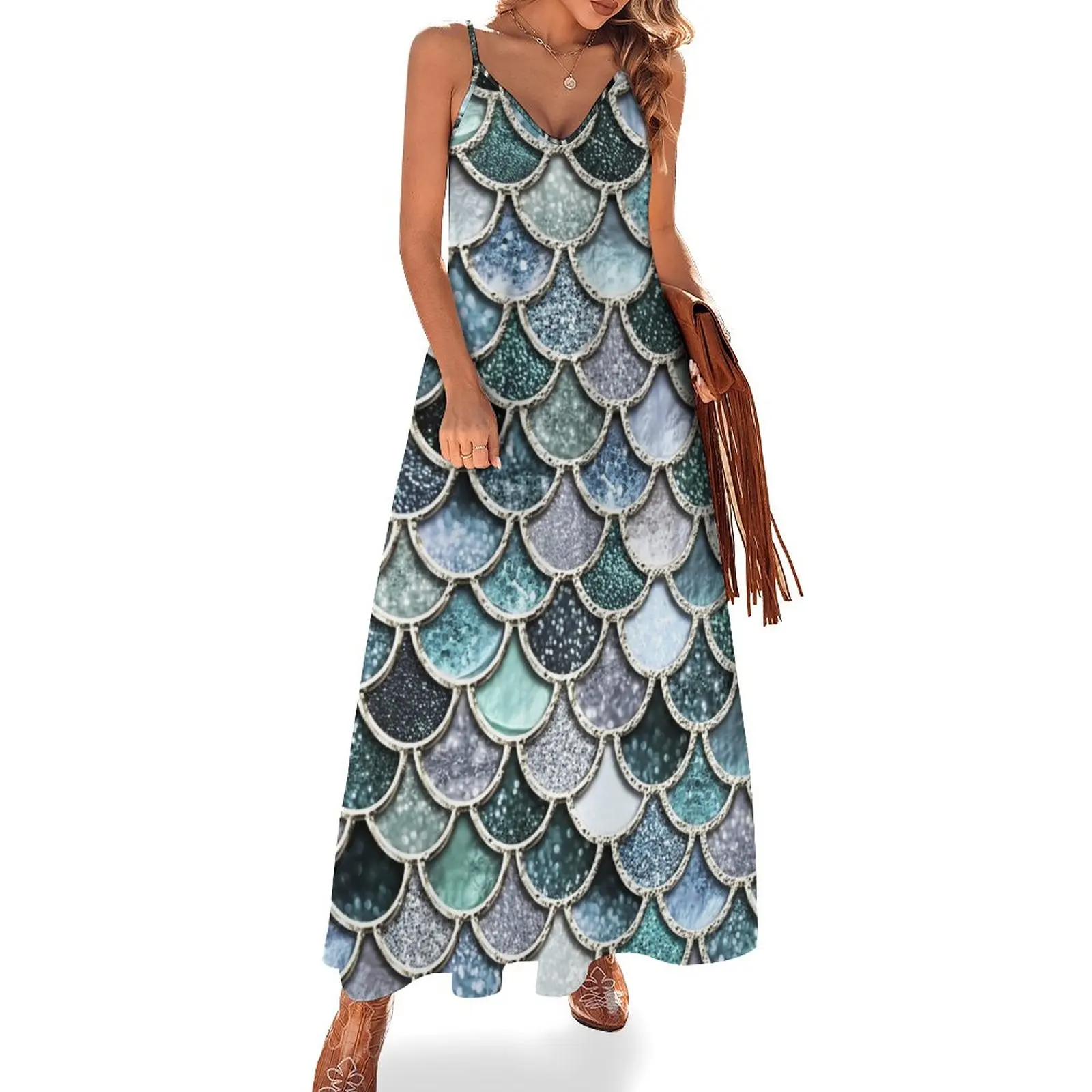 

New Teal, Silver and Green Sparkle Faux Glitter Mermaid Scales Sleeveless Dress summer dress for women 2023 Elegant gown