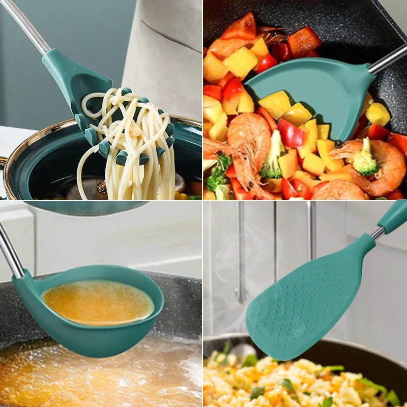 

Heat Resistant Silicone Cooking Utensil Set Green Spatula Soup Spoon Brush Ladle Pasta Colander Non-stick Cookware Kitchen Tools