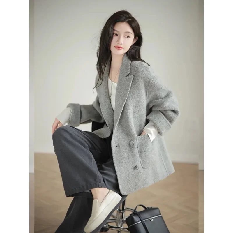 

UNXX 2024 Autumn/Winter Vintage Casual Short Single Breasted Woolen Suit Coat Commuter Solid Loose Suit Collar Woolen Coat Women