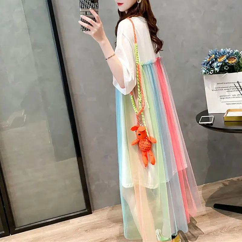 

Sweet Rainbow Gauze Spliced Dresses Fairy Women's Clothing Casual Round Neck Summer New Short Sleeve All-match Korean Midi Dress