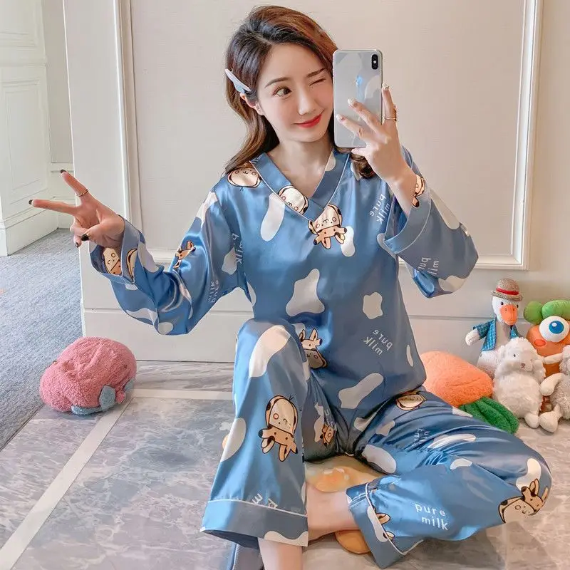 SUO&CHAO Ice Silk Pajamas Sets For Women's Long Sleeve V-Neck And Long Pants Nightgown Sleepwear Homewear
SUO&CHAO Ice Silk Pajamas Sets For Women's Long Sleeve V-Neck And Long Pants Nightgown Sleepwear Homewear