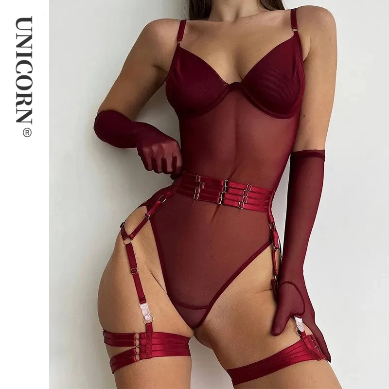 

Sex Tight Fitting Lace Bodysuit Sexy See Through Jumpsuits Burgundy Gloves Garter Night Club Outfit Sissy Crotchless Sheer Top