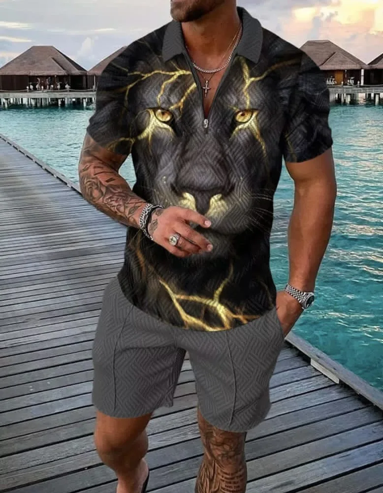 Men's Suit Summer New 3D Printing Digital Printing Casual Color Contrast POLO Zipper Lapel Shirt Short Sleeve Suit
Men's Suit Summer New 3D Printing Digital Printing Casual Color Contrast POLO Zipper Lapel Shirt Short Sleeve Suit