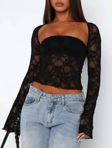 

Women Lace Tube Tops Mesh See-Through Boat Neck Strapless Tank Tops Summer Bandeau with Long Sleeve Bolero Shrugs