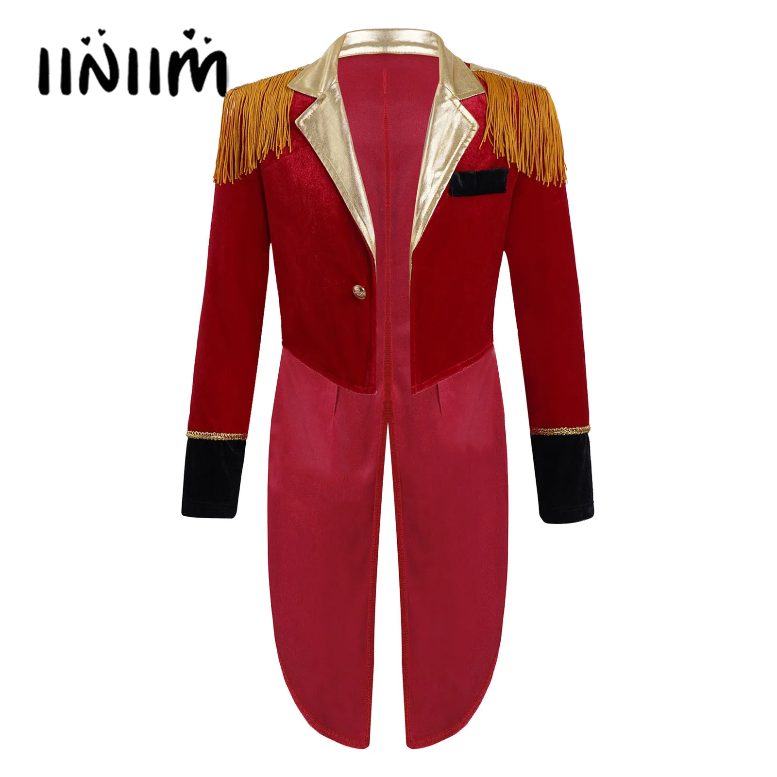 

Circus Ringmaster Cosplay Costume Red Kids Boys Long Sleeves Tassels Adorned Dip Hem Coat Carnival Theatrical Show Outfit
