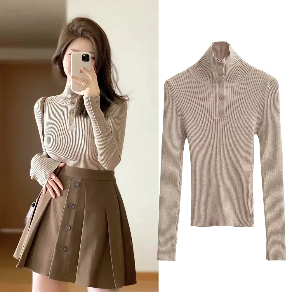 TRAF Casual Pit Khaqi Slim Knitted Pullover Women High Collar Long Sleeves Sweater Tops Chic Buttons Decoration Knits For Woman
TRAF Casual Pit Khaqi Slim Knitted Pullover Women High Collar Long Sleeves Sweater Tops Chic Buttons Decoration Knits For Woman